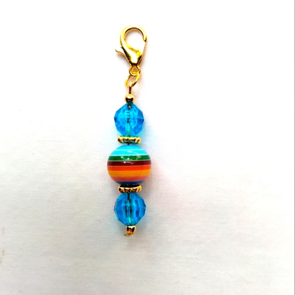 Rainbow Stripes and Aqua Blue Faceted Bead Dangle Charm for Zipper Bag ID badge